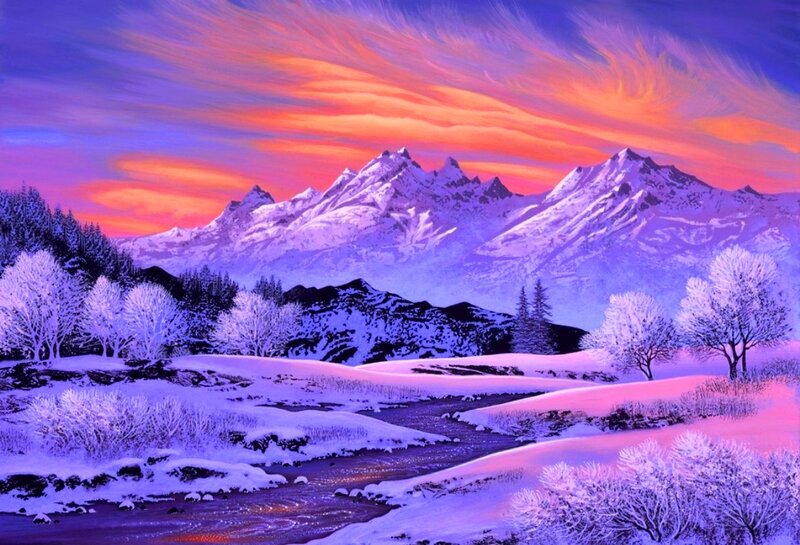 Snow-covered Mountains — Purple, Dramatic, Sunset, Painting