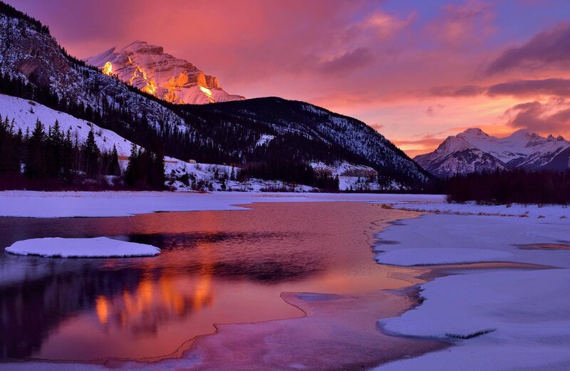 Snow-covered Mountains — Purple, Dramatic, Sunset, Photograph, Lake