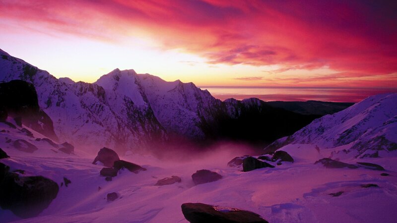 Snow-covered Mountains — Purple, Dramatic, Sunset, Photograph, Sky, Rocks