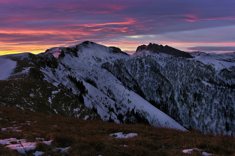 Snow-covered Mountains — Purple, Dramatic, Sunset, Photograph, Trees, Sky
