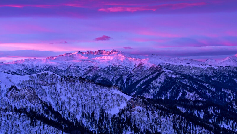 Snow-covered Mountains — Purple, Dramatic, Sunset, Photograph, Trees