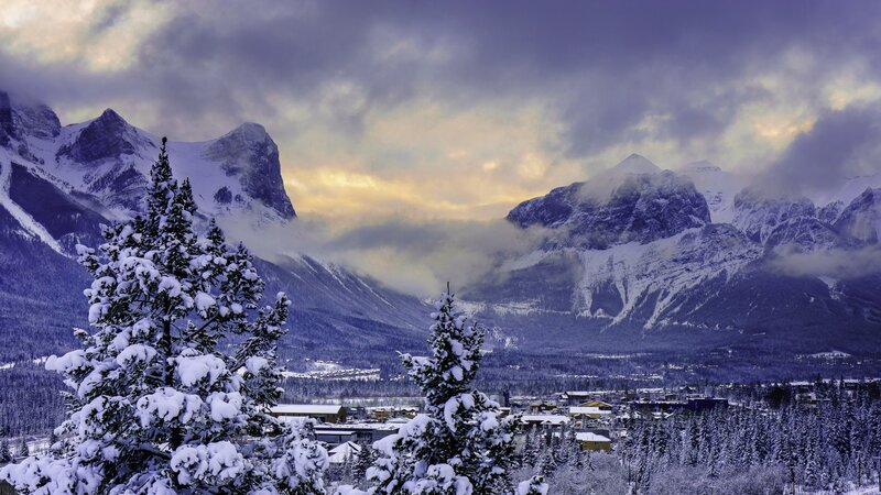 Snow-covered Mountains — Purple, Dramatic, Winter, Photograph, Trees, Village