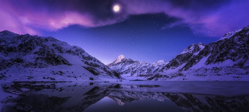 Snow-covered Mountains — Purple, Serene, Night, Photograph, Lake, Moon