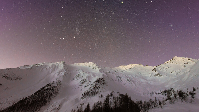 Snow-covered Mountains — Purple, Serene, Night, Photograph, Stars, Trees