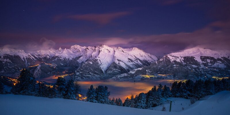 Snow-covered Mountains — Purple, Serene, Night, Photograph, Village