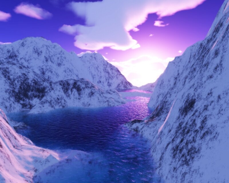 Snow-covered Mountains — Purple, Serene, Sunset, 3d Render, Lake, Clouds
