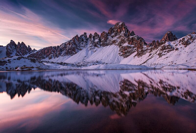 Snow-covered Mountains — Purple, Serene, Sunset, Photograph, Lake, Sky