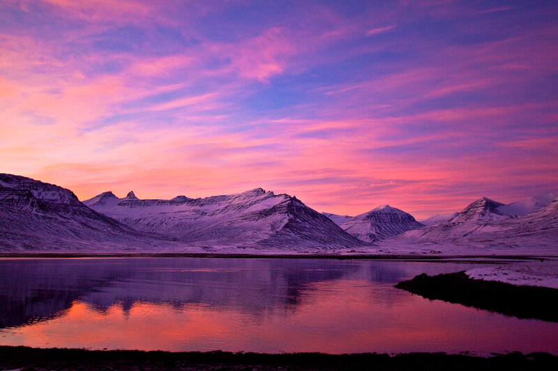 Snow-covered Mountains — Purple, Serene, Sunset, Photograph, Lake