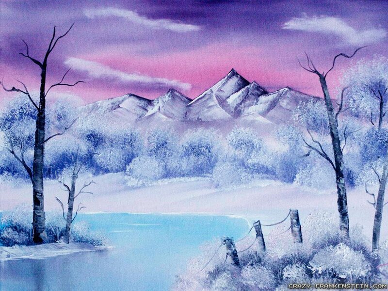 Snow-covered Mountains — Purple, Serene, Winter, Painting, Trees