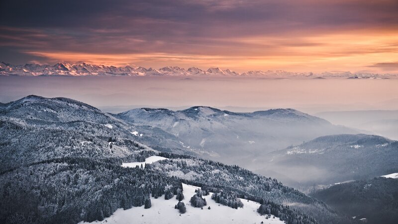 Snow-covered Mountains — Purple, Serene, Winter, Photograph, Forests, Clouds