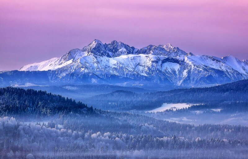 Snow-covered Mountains — Purple, Serene, Winter, Photograph, Forests, Fog