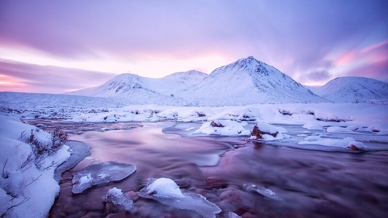 Snow-covered Mountains — Purple, Serene, Winter, Photograph, River