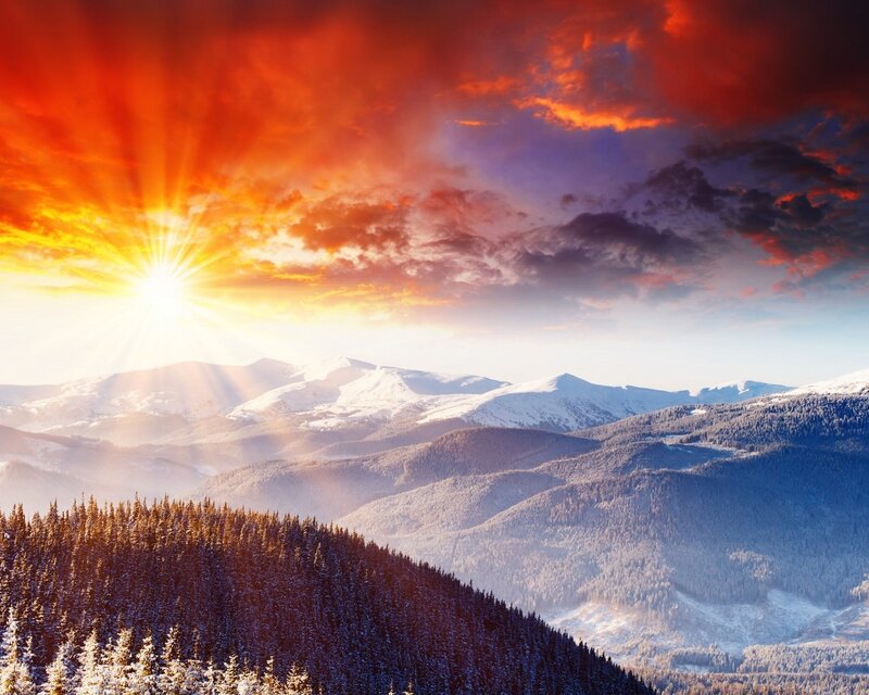 Snow-covered Mountains — Red, Dramatic, Sunrise, Photograph