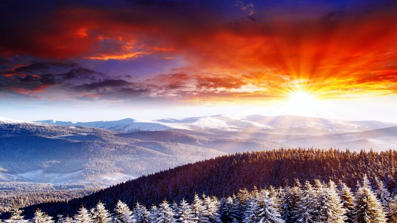 Snow-covered Mountains — Red, Dramatic, Sunrise