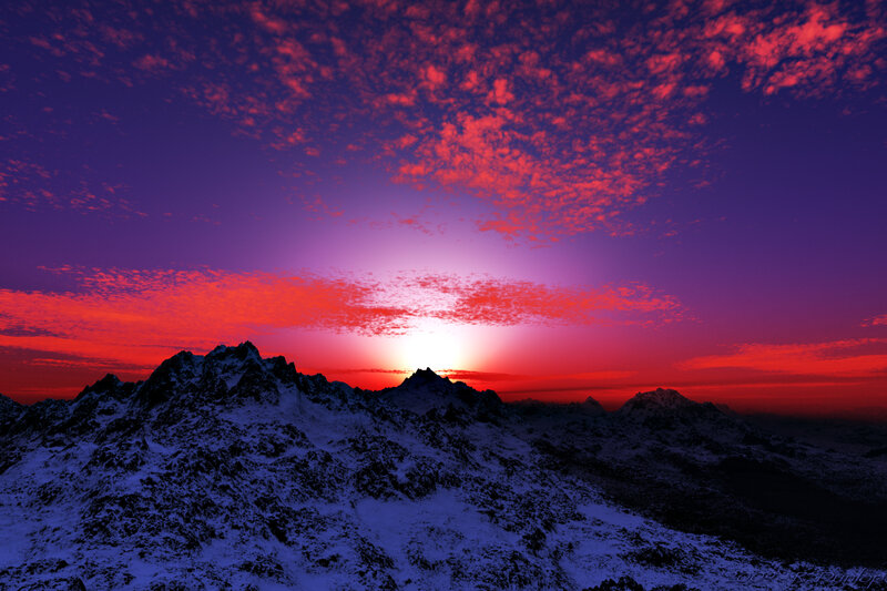 Snow-covered Mountains — Red, Dramatic, Sunset, Digital Art, Sky