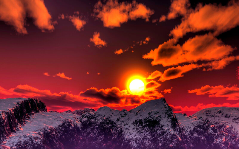 Snow-covered Mountains — Red, Dramatic, Sunset, Digital Art