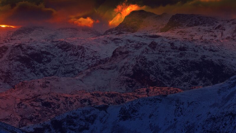 Snow-covered Mountains — Red, Dramatic, Sunset, Photograph, Clouds, Snow