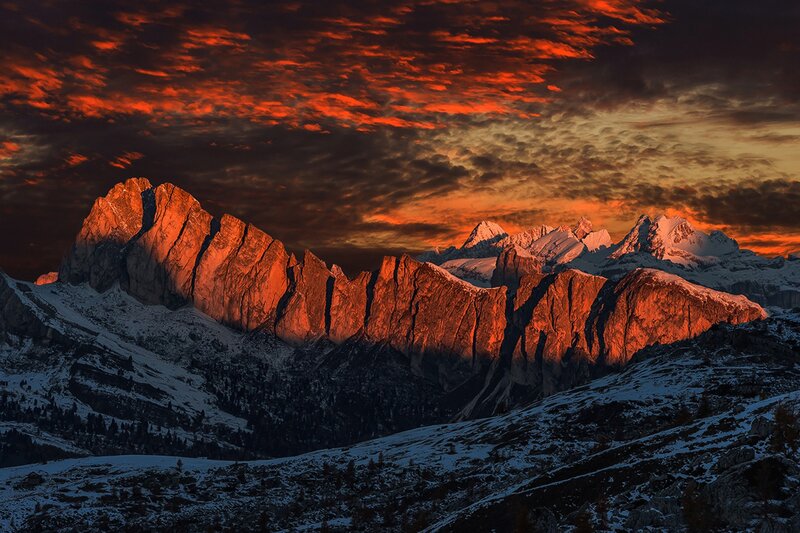 Snow-covered Mountains — Red, Dramatic, Sunset, Photograph, Clouds