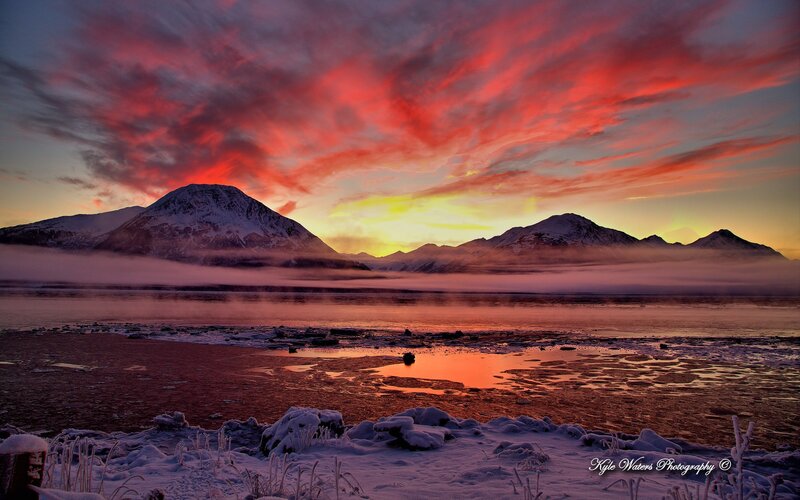 Snow-covered Mountains — Red, Dramatic, Sunset, Photograph, Fog