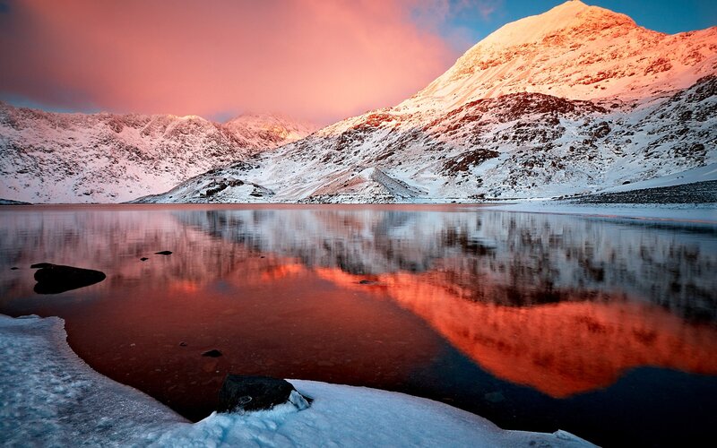 Snow-covered Mountains — Red, Dramatic, Sunset, Photograph, Lake, Sky, Rocks