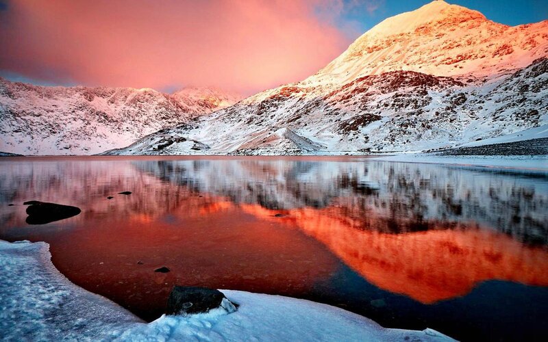 Snow-covered Mountains — Red, Dramatic, Sunset, Photograph, Lake