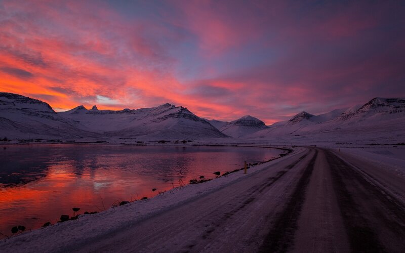 Snow-covered Mountains — Red, Dramatic, Sunset, Photograph, Road, Lake