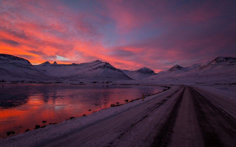 Snow-covered Mountains — Red, Dramatic, Sunset, Photograph, Road