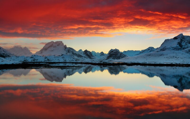 Snow-covered Mountains — Red, Dramatic, Sunset, Photograph, Sky, Reflection