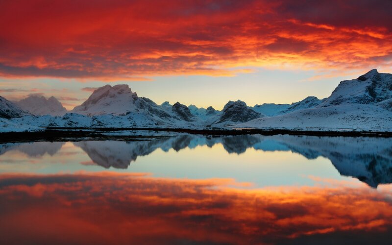Snow-covered Mountains — Red, Dramatic, Sunset, Photograph, Sky, Reflection, Water