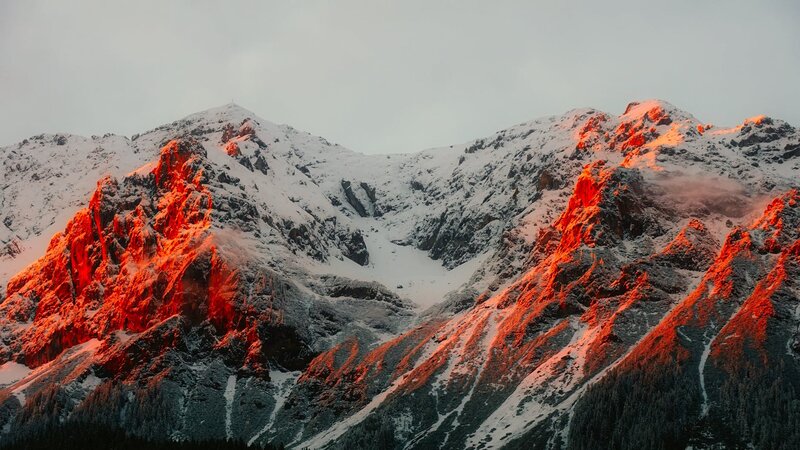 Snow-covered Mountains — Red, Dramatic, Sunset, Photograph, Snow, Forest