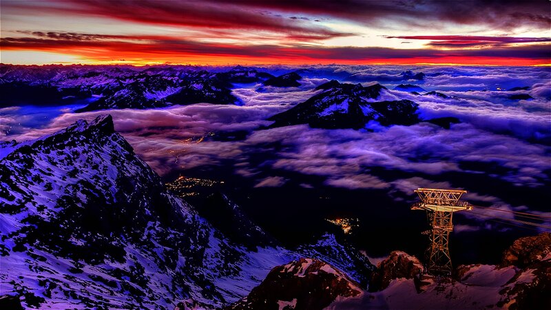 Snow-covered Mountains — Red, Dramatic, Sunset, Photograph