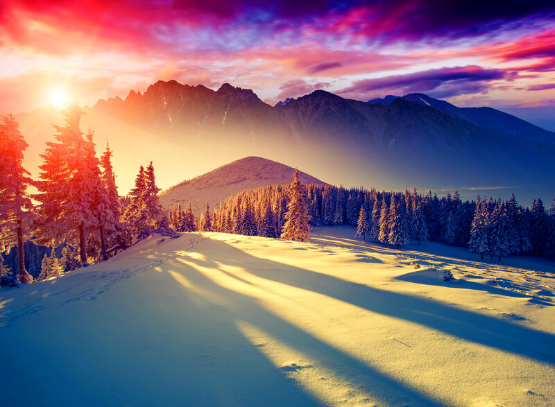 Snow-covered Mountains — Red, Dramatic, Sunset, Photograph, Trees