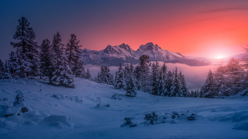 Snow-covered Mountains — Red, Serene