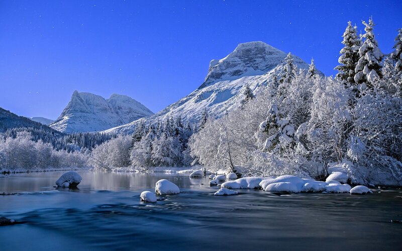Snow-covered Mountains — River, Trees