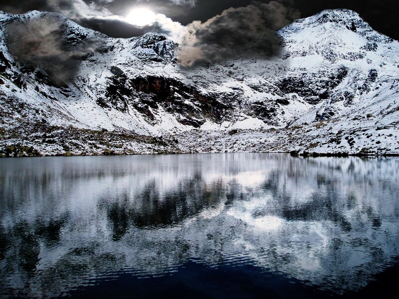 Snow-covered Mountains — White, Dramatic, Night, Photograph, Lake