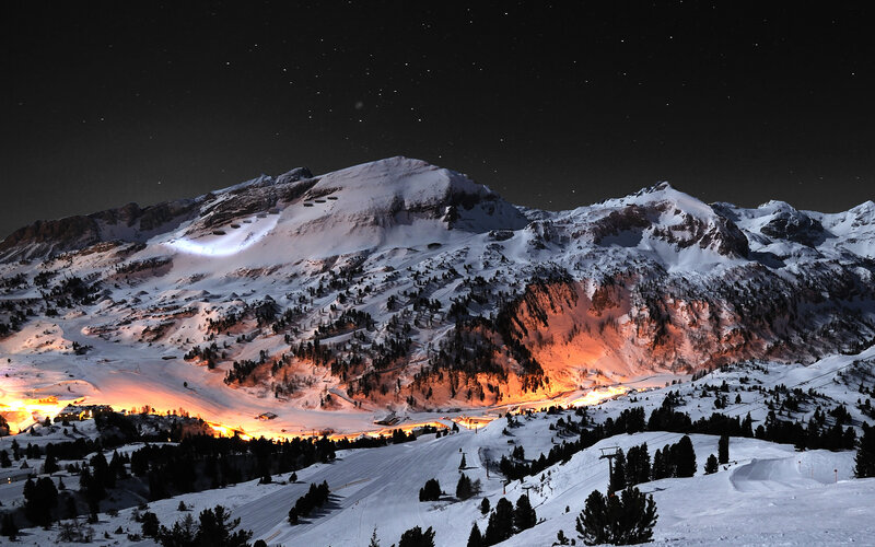 Snow-covered Mountains — White, Dramatic, Night, Photograph, Trees