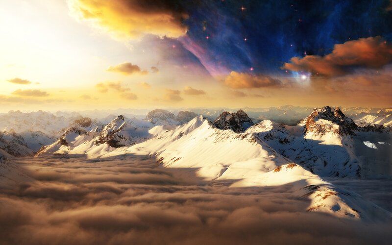 Snow-covered Mountains — White, Dramatic, Sunrise, Digital Art