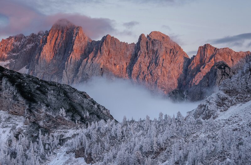 Snow-covered Mountains — White, Dramatic, Sunrise, Photograph, Clouds, Trees