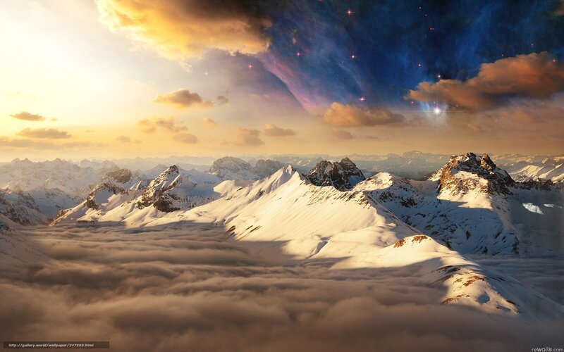 Snow-covered Mountains — White, Dramatic, Sunset, Digital Art, Clouds