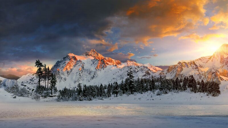 Snow-covered Mountains — White, Dramatic, Sunset, Photograph, Trees, Lake, Sky