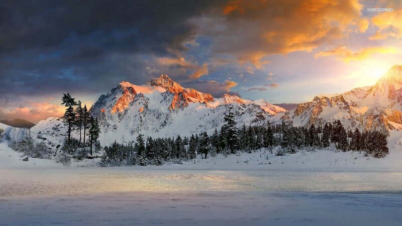 Snow-covered Mountains — White, Dramatic, Sunset, Photograph, Trees, Lake