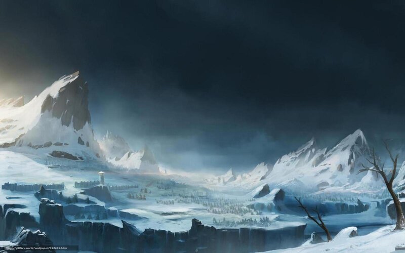 Snow-covered Mountains — White, Dramatic, Winter, Digital Art, Tree, Tower