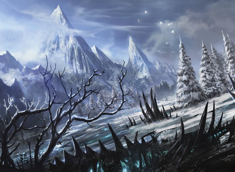 Snow-covered Mountains — White, Dramatic, Winter, Digital Art, Trees
