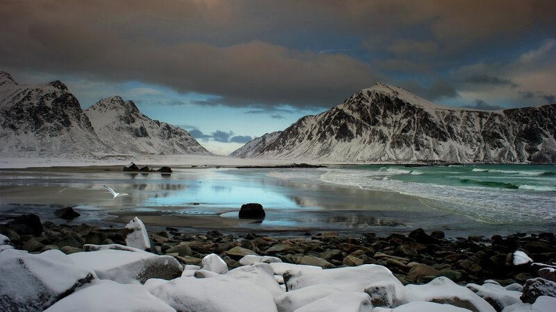 Snow-covered Mountains — White, Dramatic, Winter, Photograph, Beach