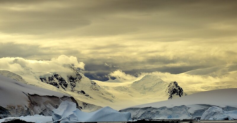Snow-covered Mountains — White, Dramatic, Winter, Photograph, Clouds, Icebergs