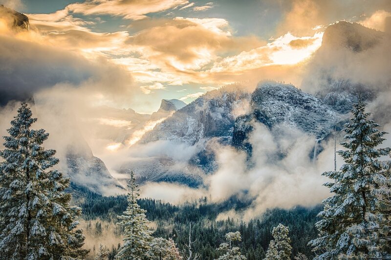 Snow-covered Mountains — White, Dramatic, Winter, Photograph, Clouds, Trees