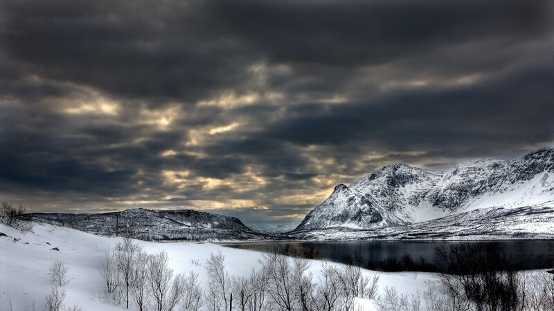 Snow-covered Mountains — White, Dramatic, Winter, Photograph, Lake, Clouds