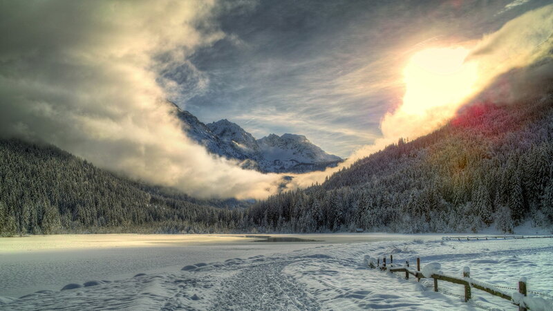 Snow-covered Mountains — White, Dramatic, Winter, Photograph, Lake, Forest