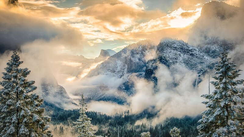 Snow-covered Mountains — White, Dramatic, Winter, Photograph, Trees, Clouds, Fog