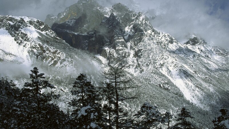 Snow-covered Mountains — White, Dramatic, Winter, Photograph, Trees, Clouds, Rock